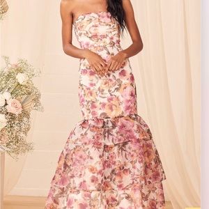 Fleur of Dreams Ivory and Pink Floral Print Organza Maxi Dress